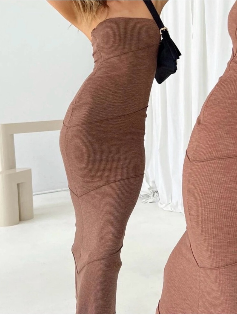 Princess Polly Strapless Ribbed Brown Maxi Dress